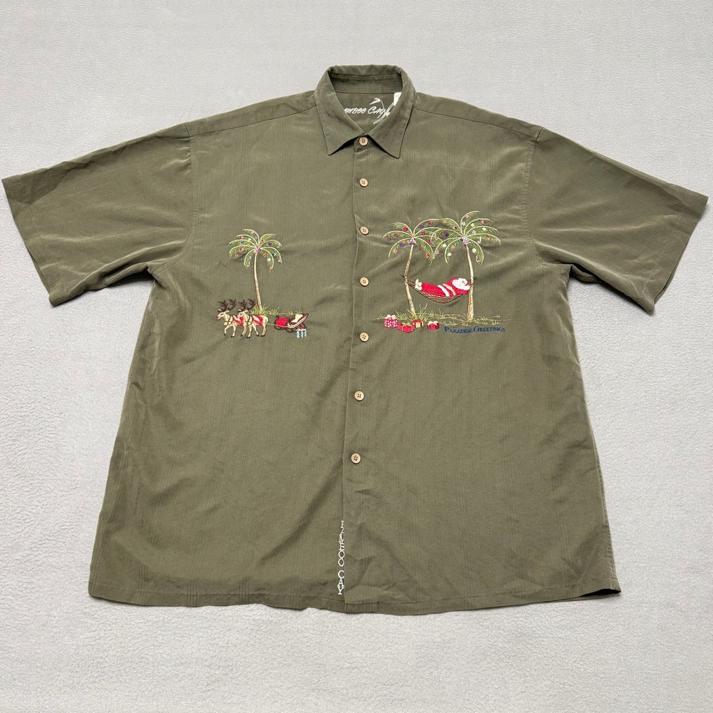 Bamboo Cay Shirt Mens L Green Christmas Santa Reindeer Embroidered Hawaiian